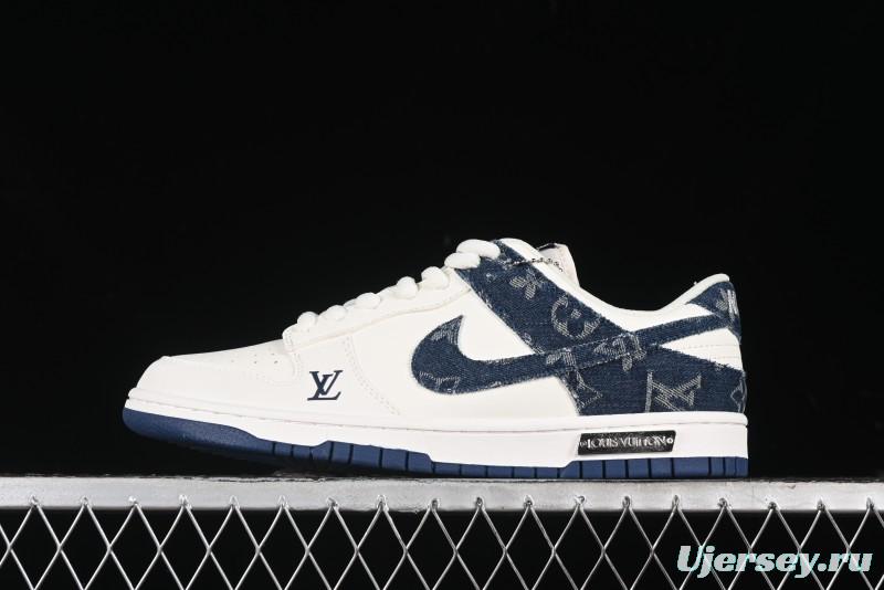 Nike SB Dunk Low LV Collaboration - Dark Blue Denim White Blue Swoosh Anniversary High-End Custom Low-Top Casual Sneakers - DJ2024-008