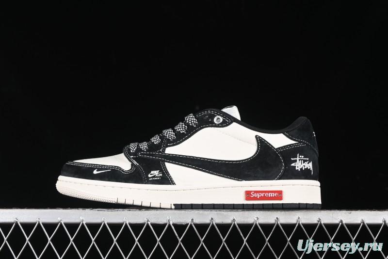 Nike Travis Scott x Fragment Design x Air Jordan 1 Low OG SP AJ1 Supreme Stussy Collaboration - Red Tab Black Warrior Low Top Casual Sneakers - SJ2068-124
