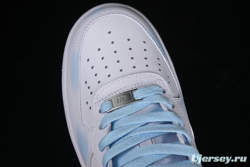 Nike Air Force 1 '07 Mid Light Blue Hand-Painted Cracked Three Stripes Shadow Mid-Top Casual Sneakers - CW2289-111