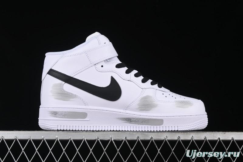 Nike Air Force 1 '07 Mid Casual Sneakers in White/Grey/Black with Hand-Painted Cracked Swoosh Shadow Detail - CW2289-111