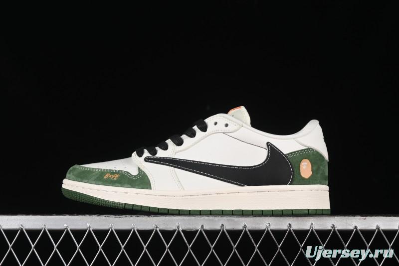 Nike Travis Scott x Fragment Design x Air Jordan 1 Low OG SP AJ1 Bape Collaboration - Jungle Green Low Top Casual Sneakers - XY2688-107