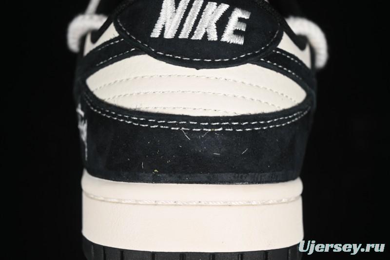 Nike SB Dunk Low Stussy Collaboration - White Embroidery Black Swoosh Anniversary Custom Low-Top Casual Sneakers - SJ2068-311
