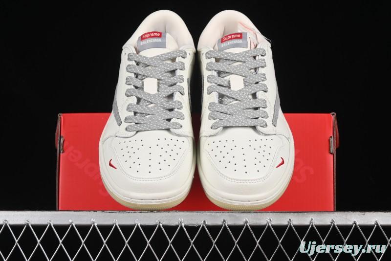 Nike Travis Scott x Fragment Design x Air Jordan 1 Low OG SP AJ1 Supreme Collaboration - Light Grey Denim Two-Tone Low-Top Casual Sneakers - JH6088-705