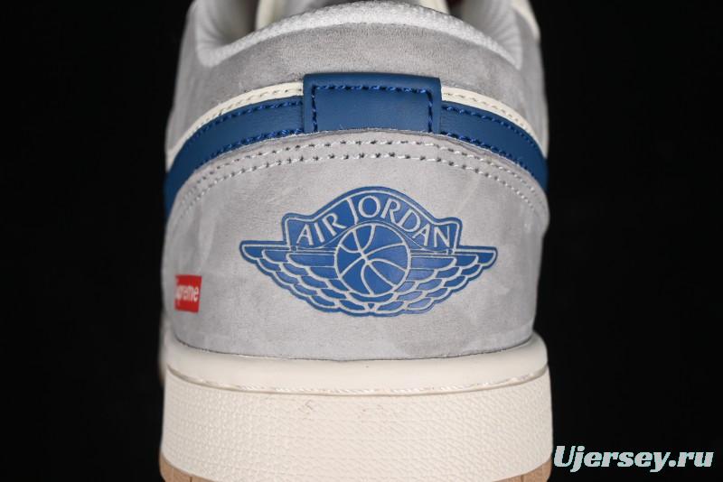 Nike Air Jordan 1 Low Supreme Collaboration - Retro Basketball Shoes in Blue and Gum Sole - SJ9950-022