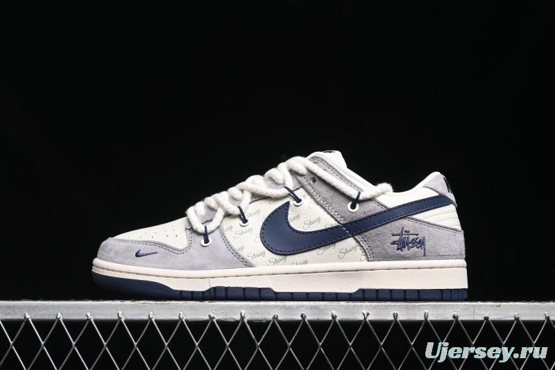 Nike SB Dunk Low Stussy Collaboration - Navy Blue Embroidery Swoosh Anniversary Custom Low-Top Casual Sneakers - SJ2068-296