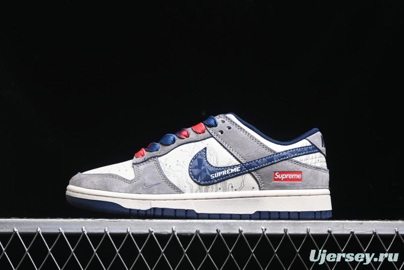 Nike SB Dunk Low Supreme Collaboration - Grey White Dark Blue Swoosh Anniversary High-End Custom Low-Top Casual Skate Shoes - DM6868-005