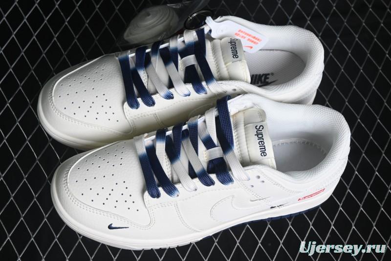 Nike SB Dunk Low Supreme Collaboration - White Blue Color Blocking with Mini Swoosh Anniversary Custom Edition Low-Top Casual Skate Shoes - BB8675-110