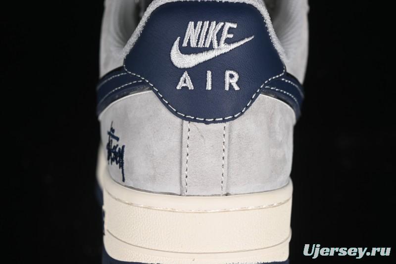Nike Air Force 1 '07 Low Stussy Collaboration - Grey Pigskin Blue Sole Low-Top Casual Sneakers - SJ6698-005