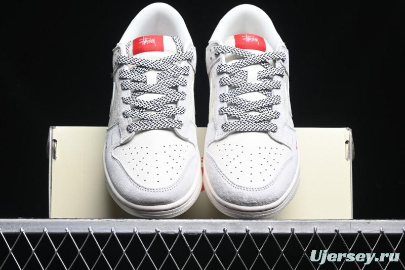 Nike SB Dunk Low Stussy Collaboration - Patchwork Grey White Swoosh Anniversary Custom Low-Top Casual Sneakers - YX5066-218