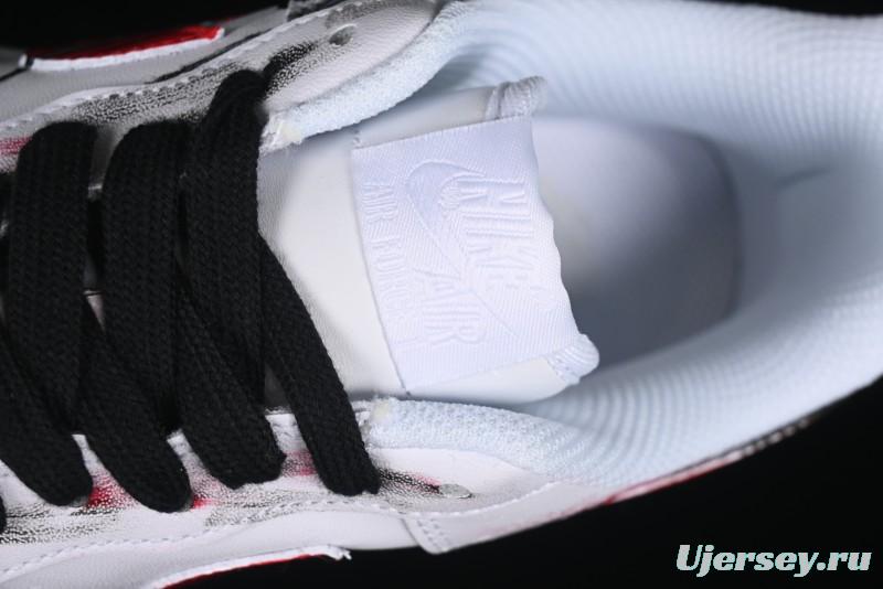 Nike Air Force 1 '07 Low Casual Sneakers with 2D Black and White Hand-Painted Blood Night Stitching Design - CW8822-011