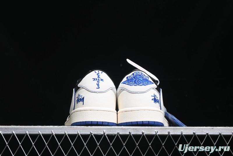 Nike Travis Scott x Fragment Design x Air Jordan 1 Low OG SP AJ1 Stussy Collaboration - Black Blue Line Low Top Casual Sneakers - SJ2068-113