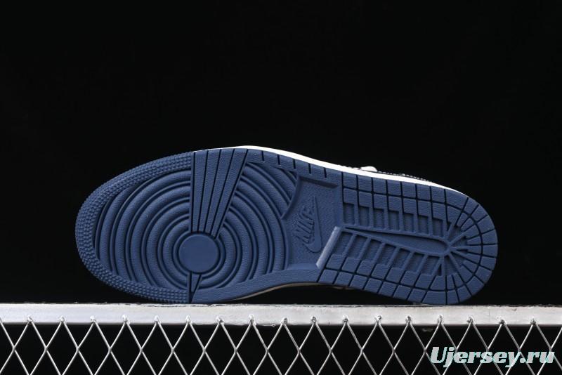 Nike Travis Scott x Fragment Design x Air Jordan 1 Low OG SP AJ1 Stussy Collaboration - Grey Blue Hook Lace Low Top Casual Sneakers - SJ0086-140