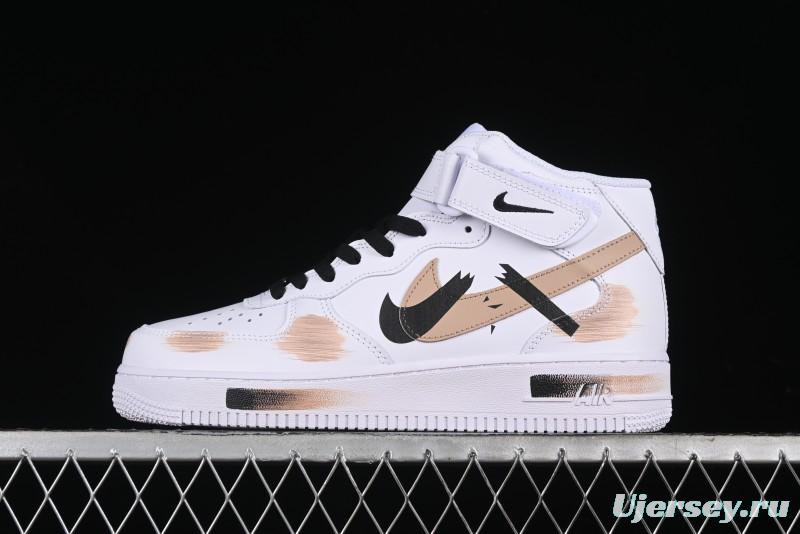Nike Air Force 1 '07 Mid Hand-Painted White Black Brown with Swoosh Shadow Strap Mid-Top Casual Sneakers - CW2289-111
