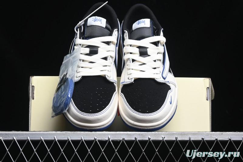 Nike Travis Scott x Fragment Design x Air Jordan 1 Low OG SP AJ1 Stussy Collaboration - Black Blue Line Low Top Casual Sneakers - SJ2068-113