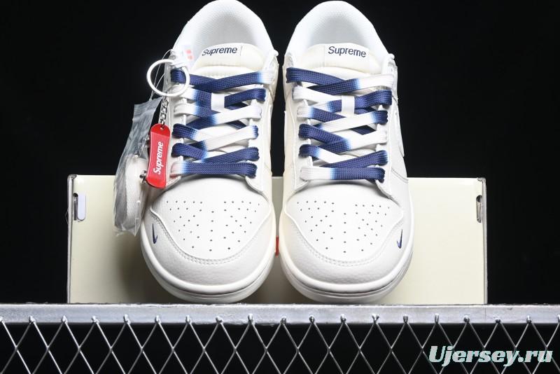 Nike SB Dunk Low Supreme Collaboration - White Blue Color Blocking with Mini Swoosh Anniversary Custom Edition Low-Top Casual Skate Shoes - BB8675-110
