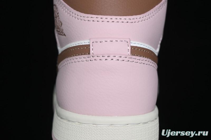 Nike Air Jordan 1 Mid AJ1 Basketball Shoes in Khaki Pink - BQ6472-620