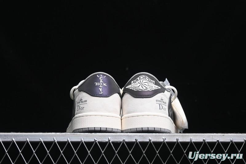 Nike Travis Scott x Fragment Design x Air Jordan 1 Low OG SP AJ1 Dior Collaboration - Splatter Lace-Up Low-Top Casual Sneakers DM9288-002