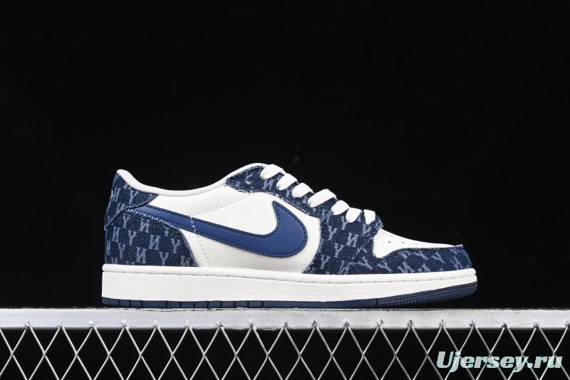 Nike Travis Scott x Fragment Design x Air Jordan 1 Low OG SP AJ1 MLB Collaboration White Blue Denim Low-top Casual Sneakers - DM7866-051