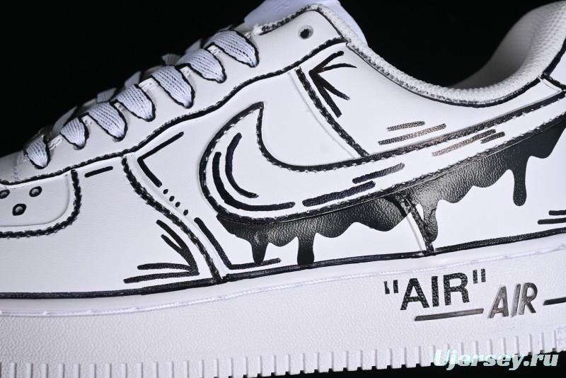 Nike Air Force 1 '07 Low Casual Sneakers with Black and White Hand-Drawn Manga Design - CW2288-811