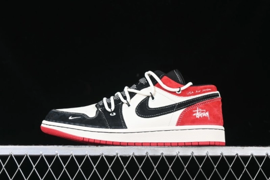 Nike Air Jordan 1 Low Stussy Collaboration - Black Red Custom High-End Retro Basketball Shoes - SJ9950-048