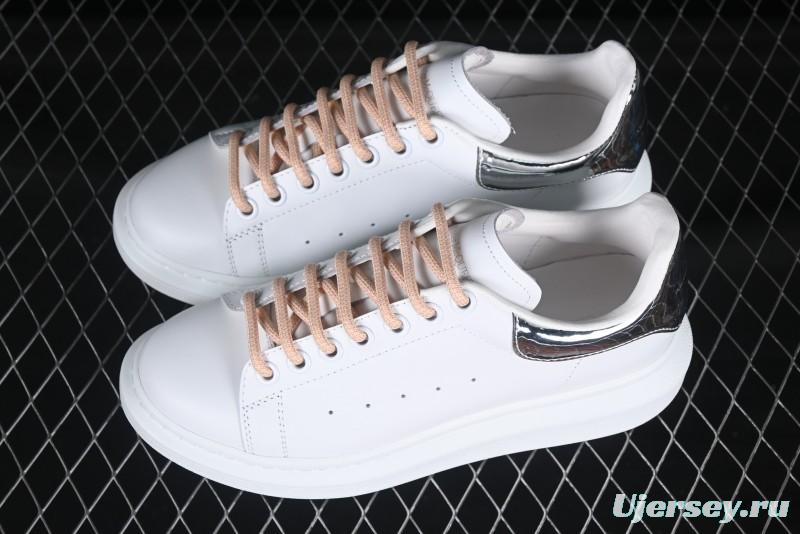 Alexander McQueen Oversized Sneakers with Mirror Silver Heel - White Leather Lace-Up Shoes