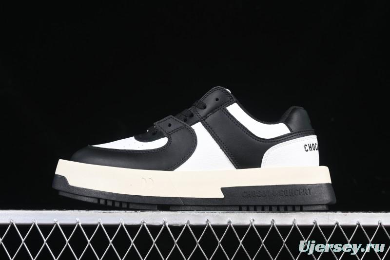 Choco Concert Leather Round Square Asymmetric Fashion Sneakers Black White - AJE5