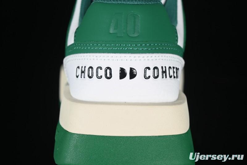 Choco Concert Leather Round Square Asymmetric Fashion Sneakers White Green - AJE5