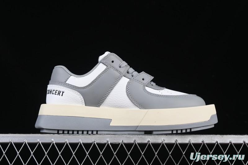 Choco Concert Leather Round Square Asymmetric Fashion Sneakers White Gray - AJE5