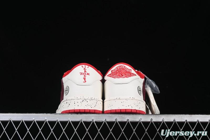 Nike Travis Scott x Fragment Design x Air Jordan 1 Low OG SP AJ1 Stone Island Collaboration Pomegranate Red Low-Top Casual Sneakers - CF3688-077