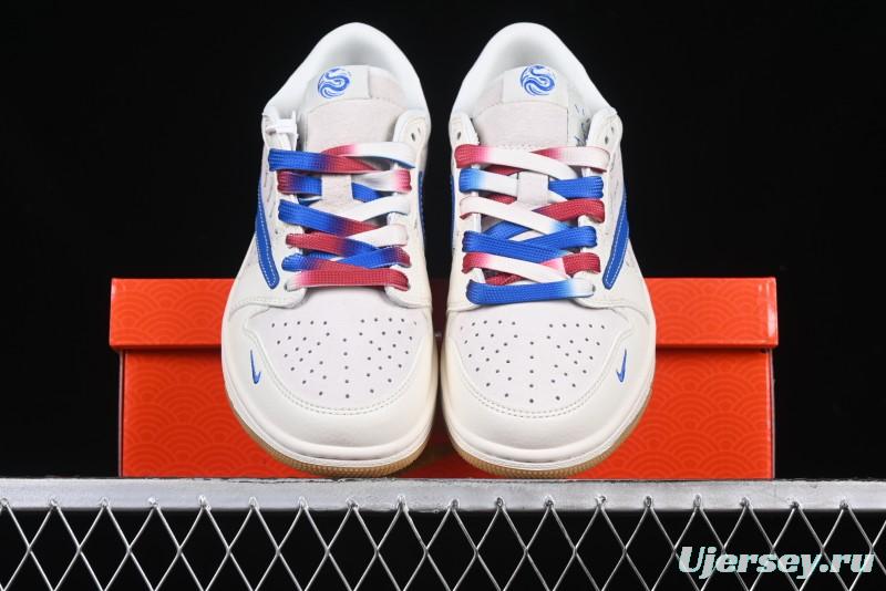 Nike Travis Scott x Fragment Design x Air Jordan 1 Low OG SP AJ1 Snake Year Limited Blue Swoosh Gum Sole Low-top Casual Sneakers - XS3086-011