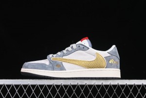 Nike Travis Scott x Fragment Design x Air Jordan 1 Low OG SP AJ1 Snake Year Limited Gold Snake Low-top Casual Sneakers - XZ2025-288