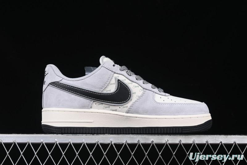 Nike Air Force 1 '07 Low Stussy Collaboration Grey Pigskin Black Swoosh Low-Top Casual Sneakers - XZ3318-099