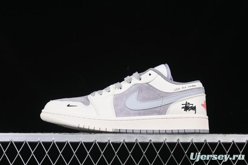 Nike Air Jordan 1 Low Stussy Collaboration - Retro Basketball Shoes in Light Grey - SJ9950-044