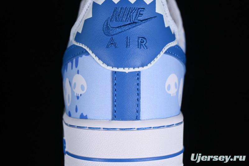 Nike Air Force 1 '07 Low Witch Collaboration Custom Leather Sneakers with Skull Design and Gradient White-Blue - CW2288-111