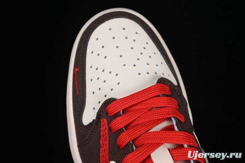 Nike Travis Scott x Fragment Design x Air Jordan 1 Low OG SP AJ1 Snake Year Limited Edition Snake Scale Red Hook Low Top Lifestyle Casual Sneakers - CH6336-020