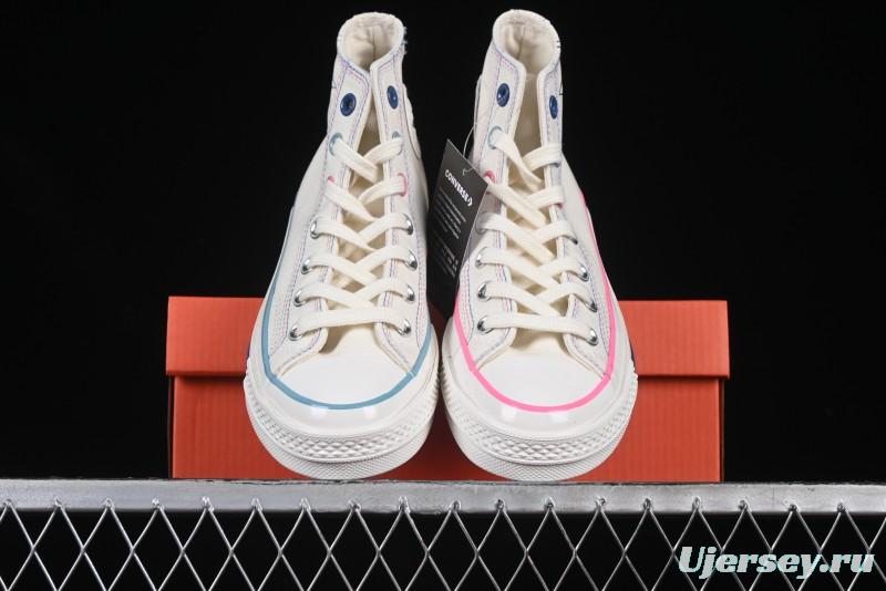 Converse Chuck 1970s High Top Casual Sneakers with Star Stitching and White-Pink-Blue Mismatched Design - A15744C