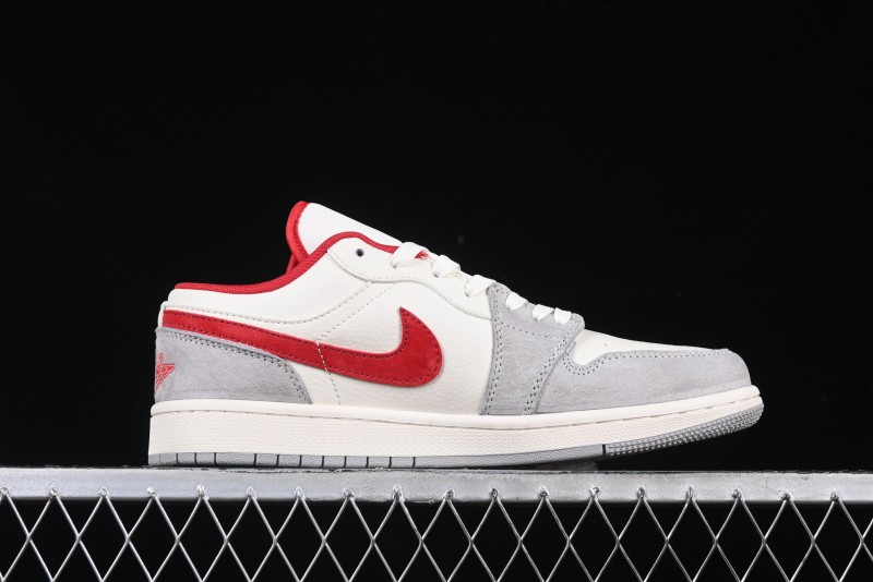 Nike Air Jordan 1 Low AJ1 Supreme Collaboration - White Grey Red Swoosh Retro Basketball Shoes - SJ9950-024