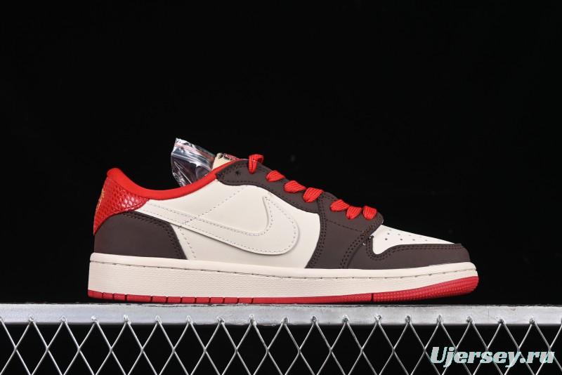 Nike Travis Scott x Fragment Design x Air Jordan 1 Low OG SP AJ1 Snake Year Limited Edition Snake Scale Red Hook Low Top Lifestyle Casual Sneakers - CH6336-020