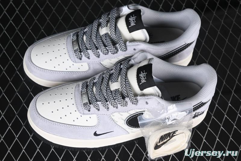 Nike Air Force 1 '07 Low Stussy Collaboration Grey Pigskin Black Swoosh Low-Top Casual Sneakers - XZ3318-099