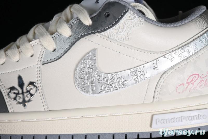 Nike Air Jordan 1 Low AJ1 Panda Prank Modern Gray Floral Low-Top Casual Sneakers - 553560-053