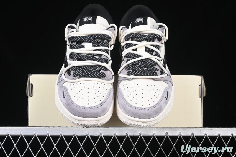 Nike Travis Scott x Fragment Design x Air Jordan 1 Low OG SP AJ1 Stussy Collaboration - Black Hook Dual-Tone Drawstring Low-Top Casual Sneakers - SJ0086-139