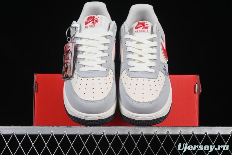 Nike Air Force 1 '07 Low Nezha Collaboration Grey Red Swoosh Casual Sneakers - DF0188-046