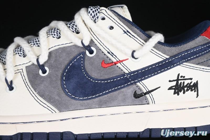 Nike SB Dunk Low Stussy Collaboration Anniversary Custom Low-Top Casual Sneakers with Strap in Beige Grey and Navy - YX5066-236