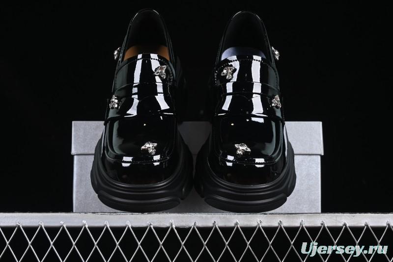 Black Patent Chunky Platform Loafers with Metal Embellishments
