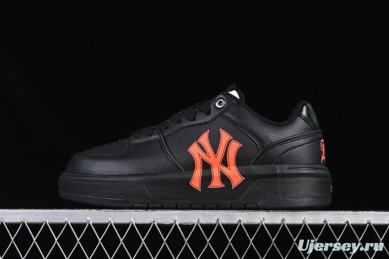 NY Yankees Black Leather Sneakers – Bold Orange Logo Edition