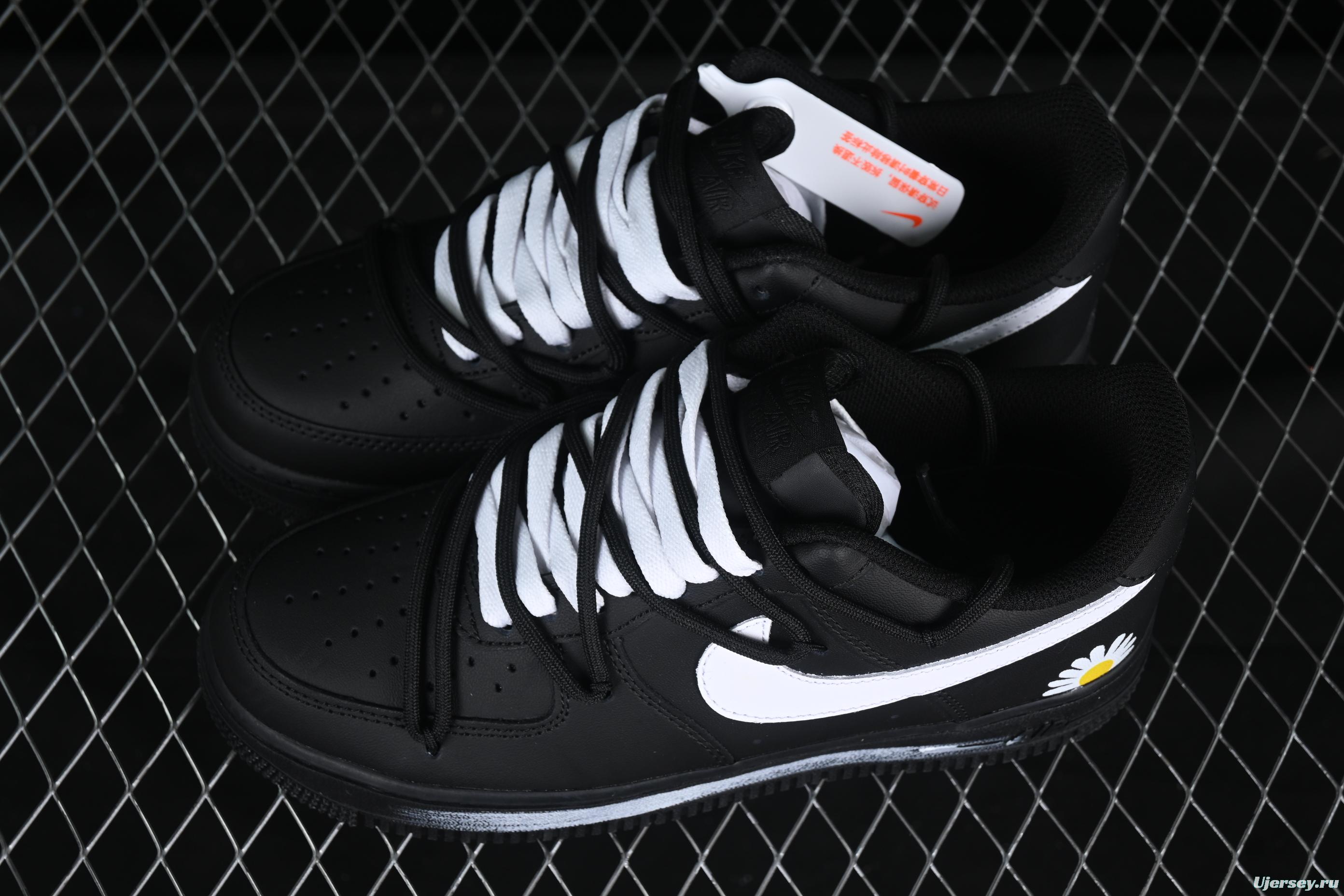 Nike Air Force 1'07 Low Casual Sneakers with 2D Daisy Black White Graffiti Hand-Painted Design - CK0316-063