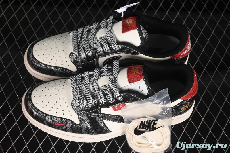 Nike Travis Scott x Fragment Design x Air Jordan 1 Low OG SP AJ1 Snake Year Limited Two-Tone Gloss Black Low-Top Casual Sneakers - YX5066-307