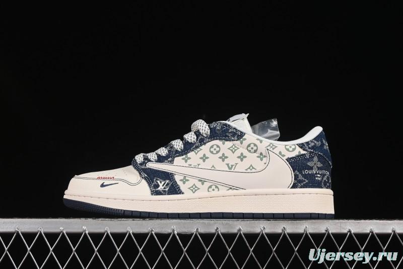 Nike Travis Scott x Fragment Design x Air Jordan 1 Low OG SP Casual Sneakers with Blue Denim - YX5066-326