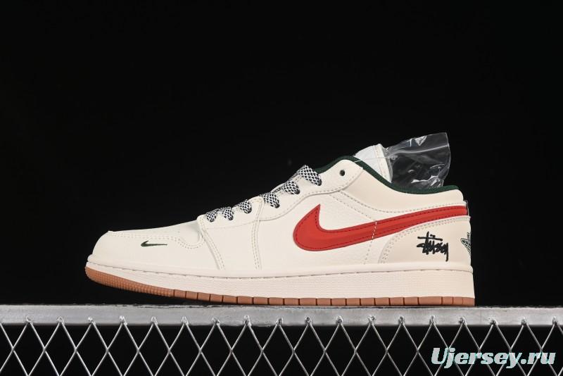 Nike Air Jordan 1 Low Stussy Collaboration Retro Basketball Shoes with 3D Swoosh - XS6086-560