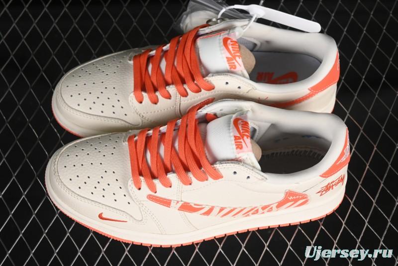 Nike Travis Scott x Fragment Design x Air Jordan 1 Low OG SP AJ1 Stussy Collaboration Summer Orange Low-Top Casual Sneakers - LD2025-020